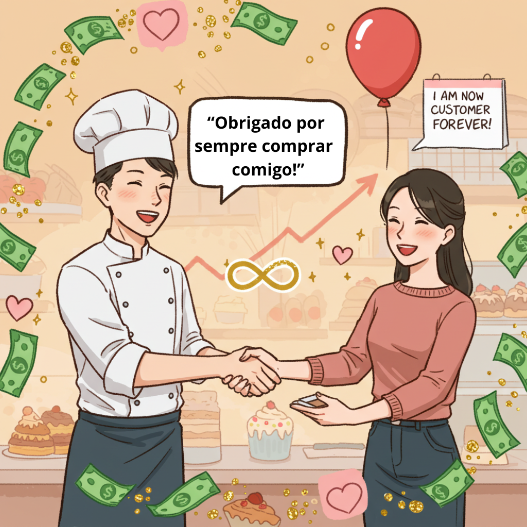 Ícone de um cliente feliz recebendo um cartão de fidelidade